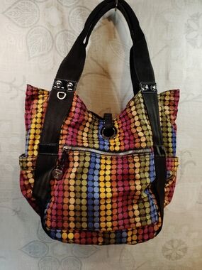 Multicolor Dot-Pattern Shoulder Bag with Black Straps